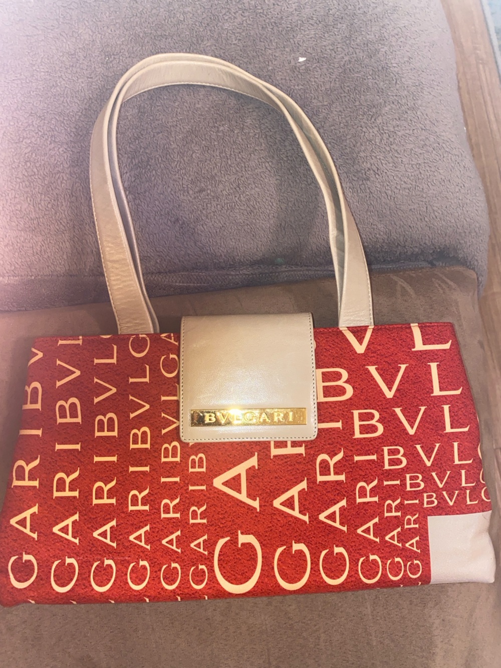 BVLGARI Red Logo Canvas & Leather Shoulder Bag – Rare Vintage